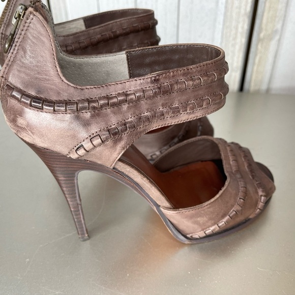 Leon Max Braided Leather Peep Toe Heels Distressed Brown Size 9 - Picture 3 of 5